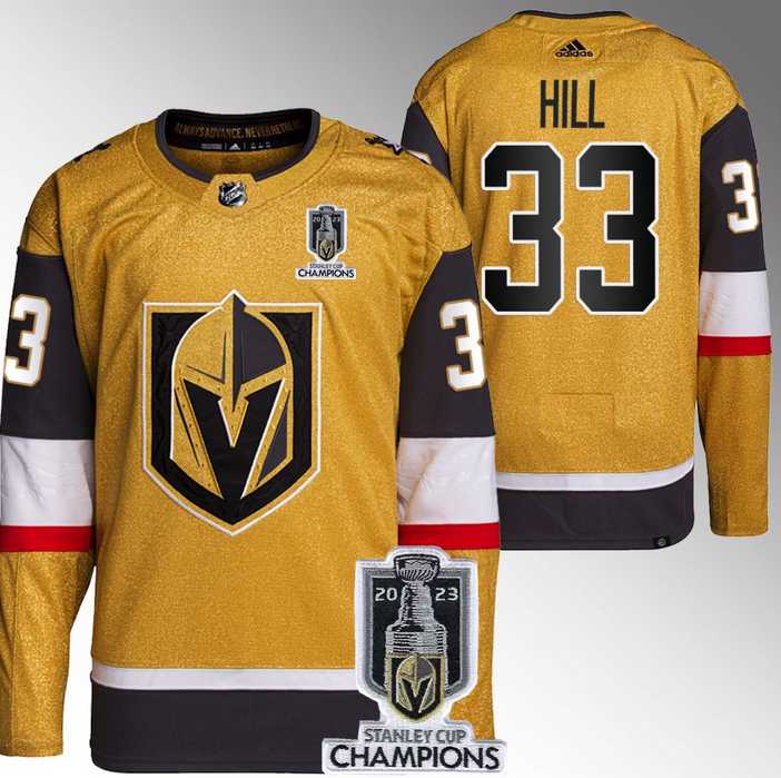 Men%27s Vegas Golden Knights #33 Adin Hill Gold 2023 Stanley Cup Champions Stitched Jersey->vegas golden knights->NHL Jersey